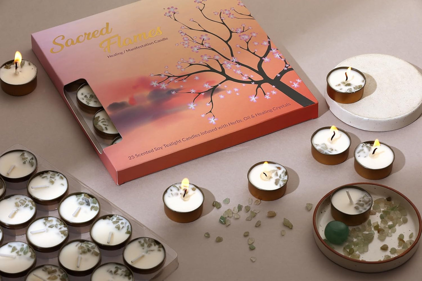 PROSPERRO LUMO by Parkash Candles Sacred Flames Scented Tealight Candles – 25 Healing Soy Wax Candles with Crystals – Aromatherapy & Manifestation (Green AVE)