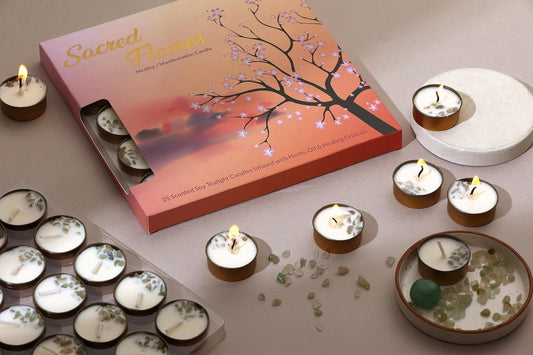 PROSPERRO LUMO by Parkash Candles Sacred Flames Scented Tealight Candles – 25 Healing Soy Wax Candles with Crystals – Aromatherapy & Manifestation (Green AVE)