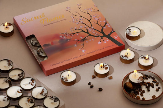 PROSPERRO LUMO by Parkash Candles Sacred Flames Scented Tealight Candles – 25 Healing Soy Wax Candles with Crystals – Aromatherapy & Manifestation (Tiger Eye)