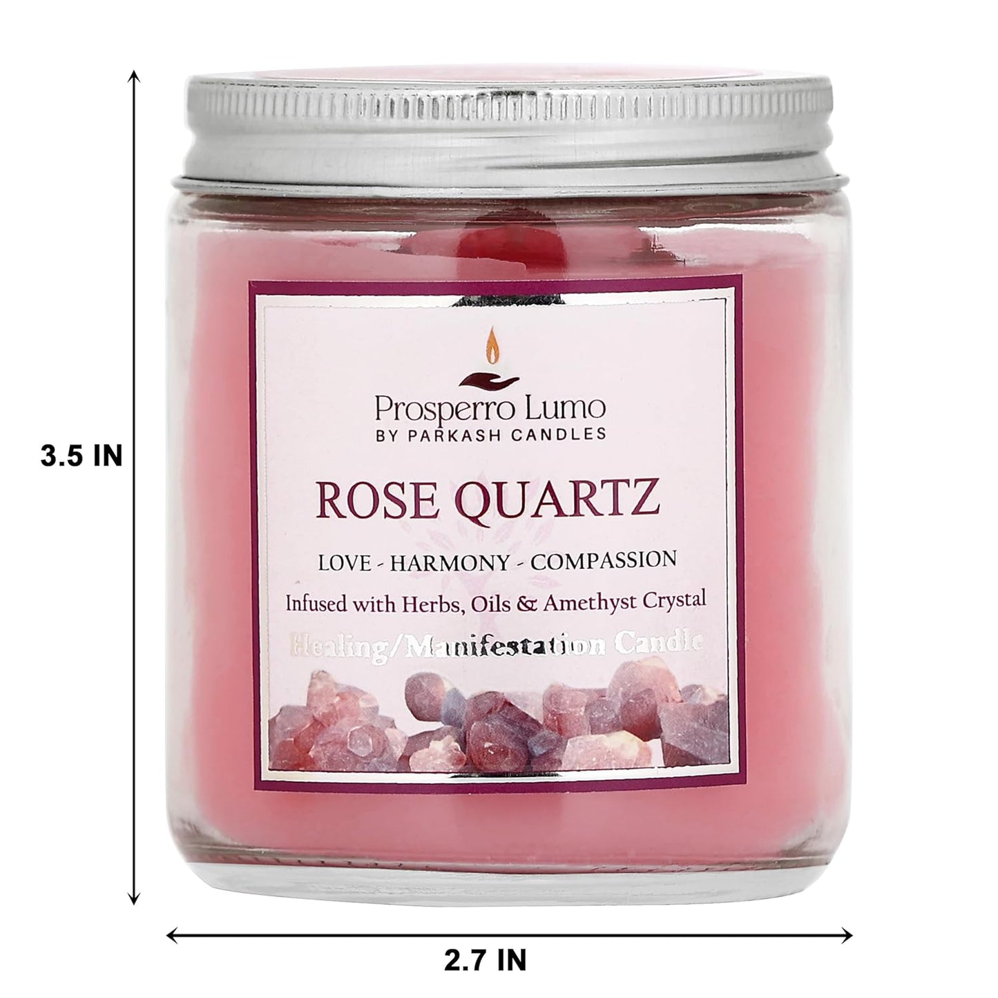 PROSPERRO LUMO by Parkash Candles Crystal Scented Jar Candle – Infused with Herbs & Healing Crystals | Calmness, Intuition & Clarity | Paraffin Wax | Gift Box | 30+ Hour Burn Time | (Rose Quartz)