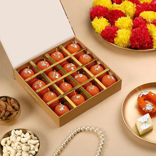 Prosperro Lumo by Parkash Candles Premium Giftbox Ladoo Candle || Hand Poured || Motichur Laddoo Candles Giftbox || Decorative Candle 100% Paraffin Wax || Set of 16 - Unscented